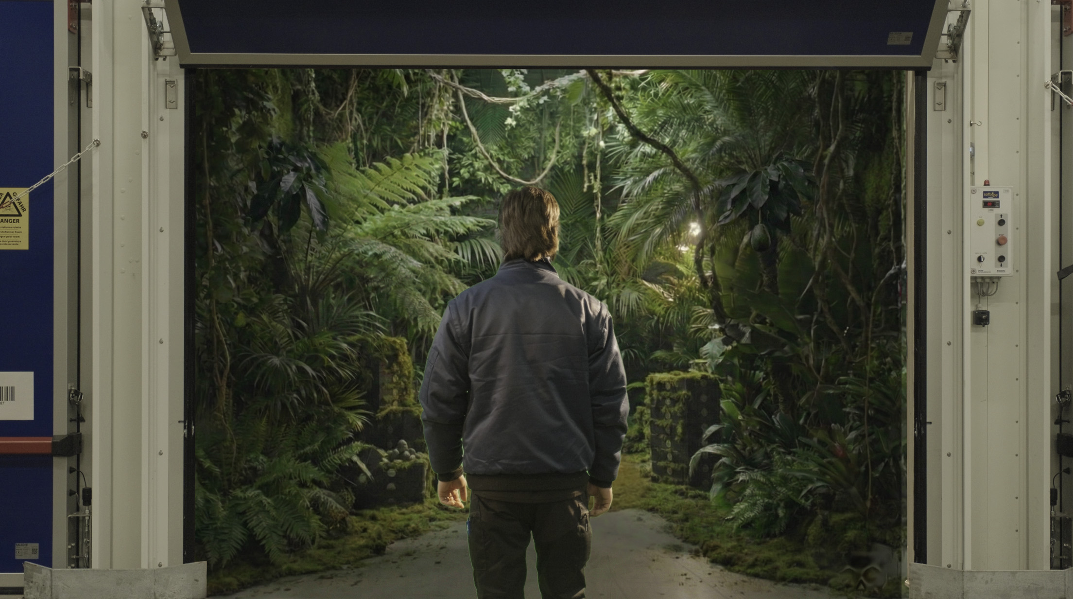 Screen-film En man som tittar in i en mognadskammare fylld av naturens grönska