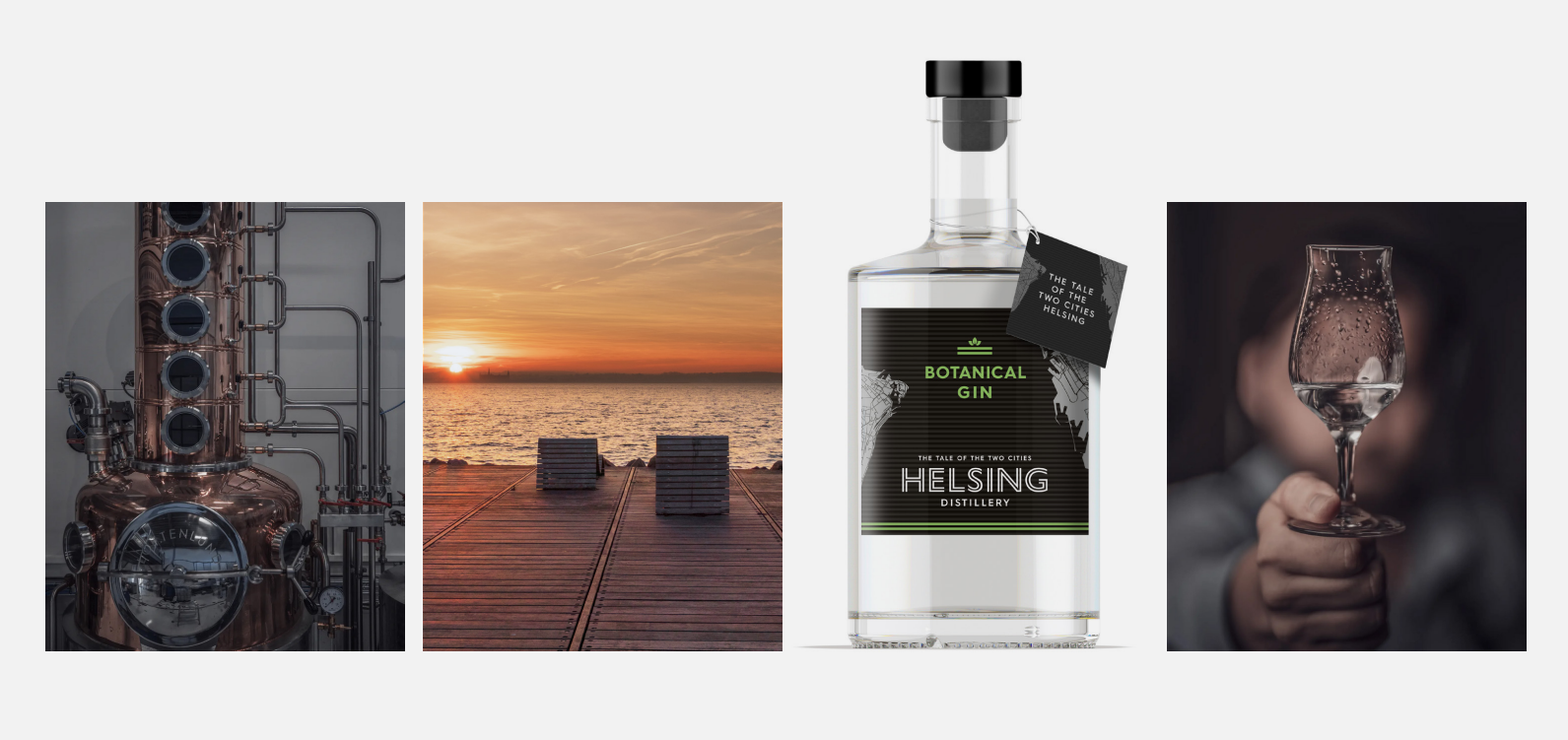 Inifrån destilleri, solnedgång över Öresund, ginflaska från Helsing Destilleri, ginglas.