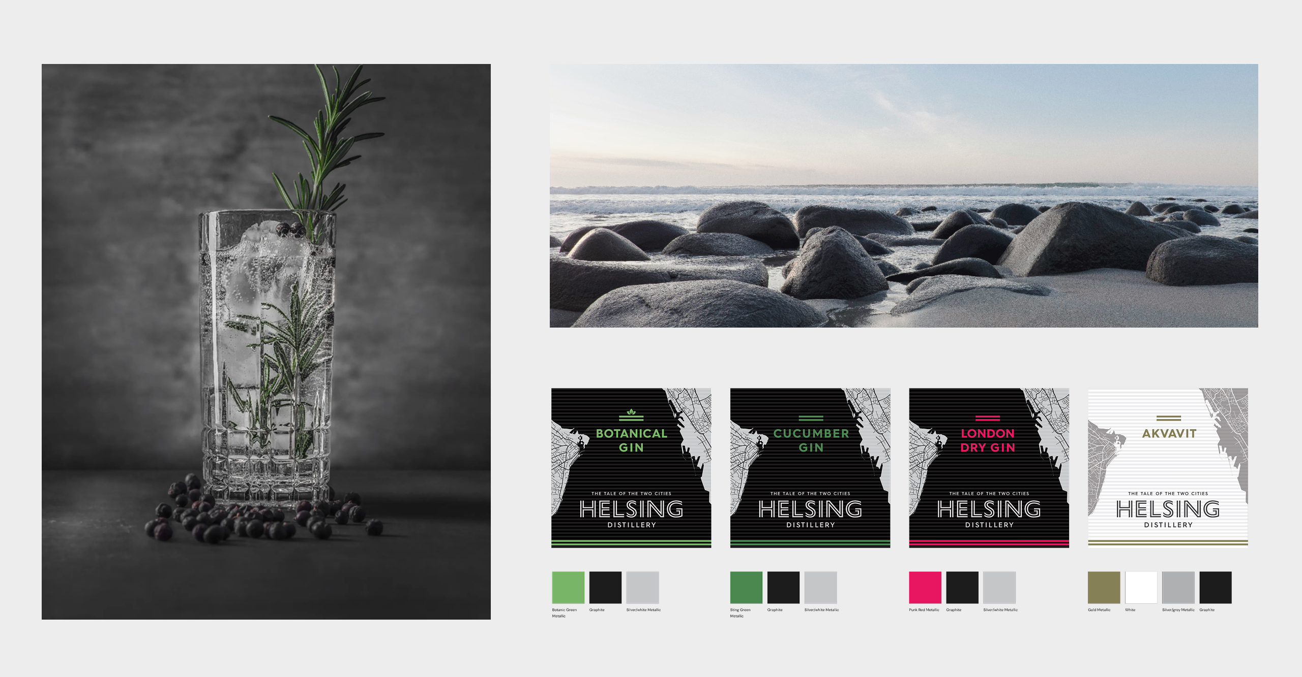 Gin i glas. bild på havet, färgval till etiketter